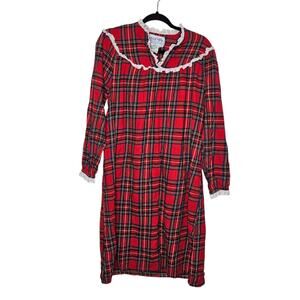 Vtg Lanz of Salzburg Red Flannel Eyelet Lace Trim Night Gown Dress sz small